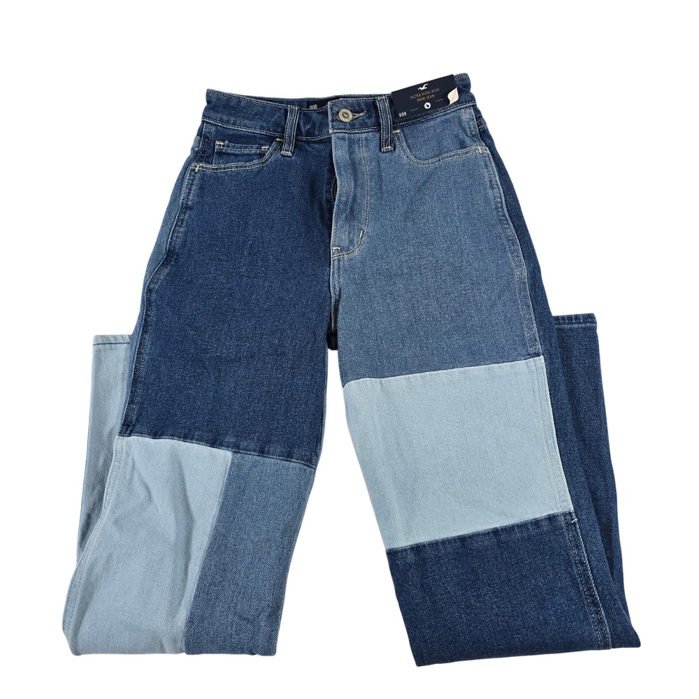 Hollister Ultra High-Rise Mom Jean Patchwork Blue Colorblock Denim 00R W23 L27